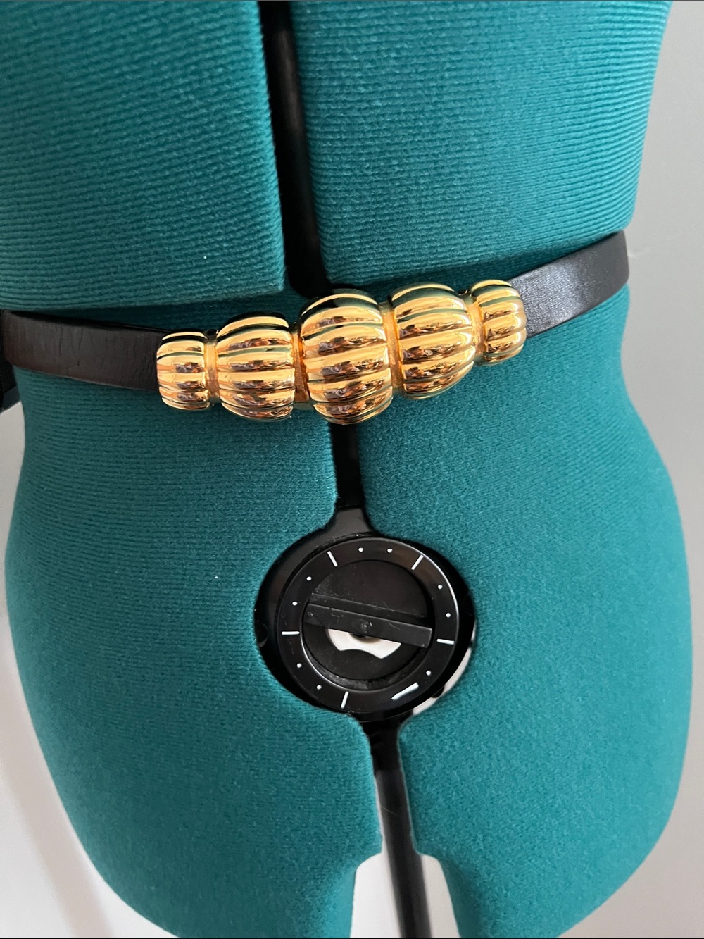 St. John Black Leather Belt with Gold Ribbed Centerpiece